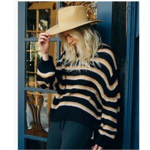 Billabong Laid Back V Neck Striped Sweater Black White Gold Size Small